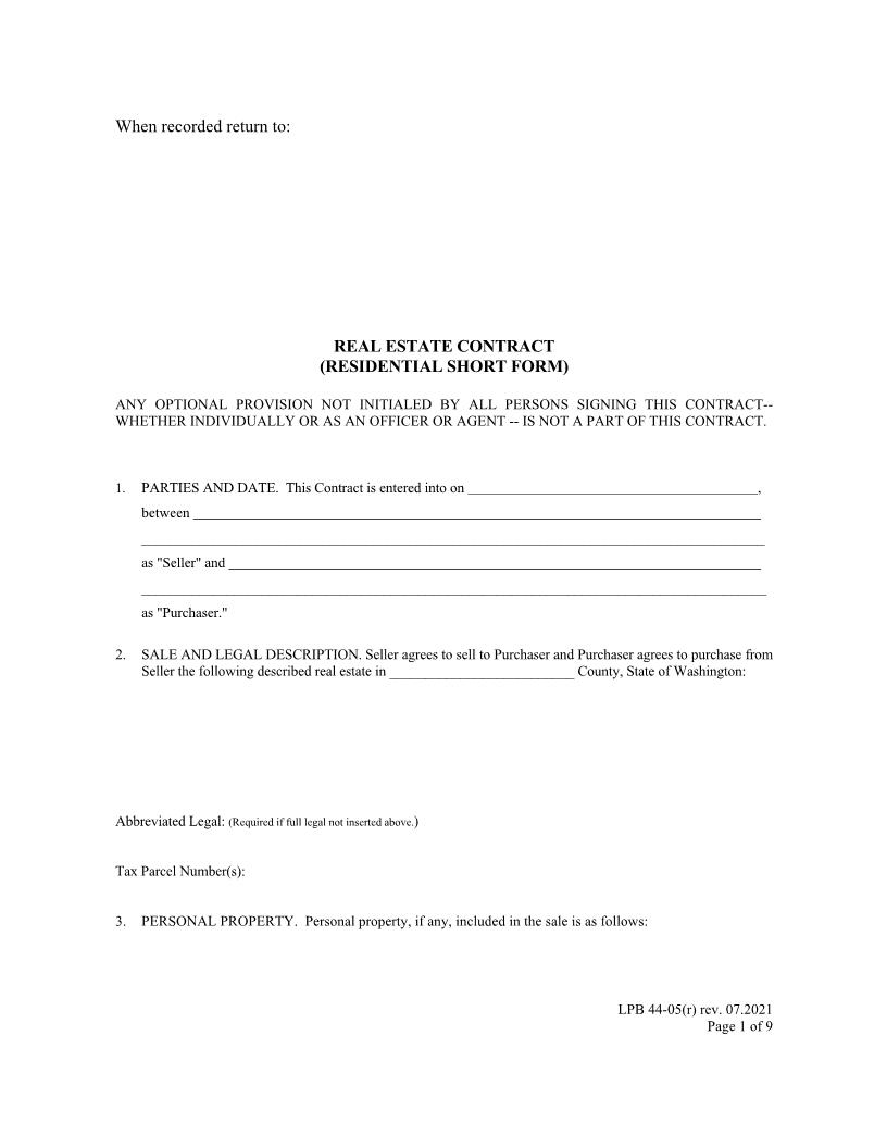 Real Estate Contract Long Form {LPB 45-05(r)} | Pdf Fpdf Docx | Washington