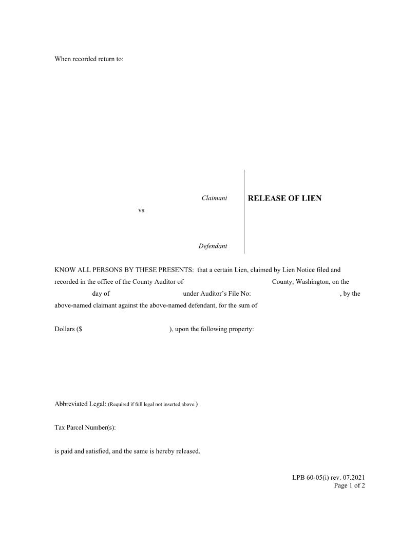 Release Of Lien {LPB 60-05(i)} | Pdf Fpdf Docx | Washington