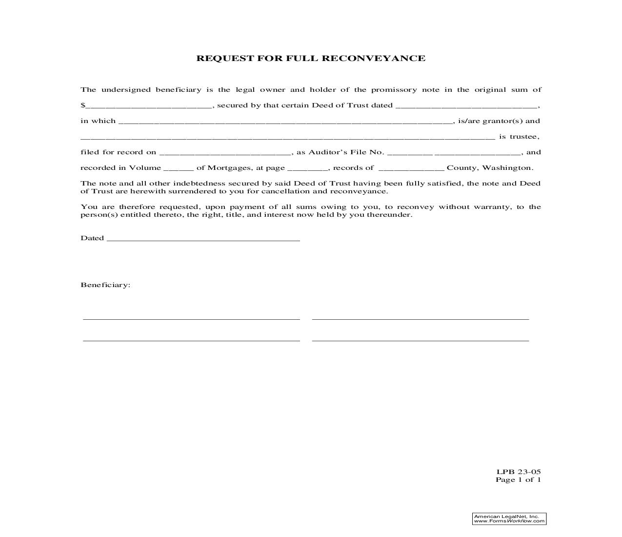 Request For Full Reconveyance {LPB 23-05} | Pdf Fpdf Doc Docx | Washington