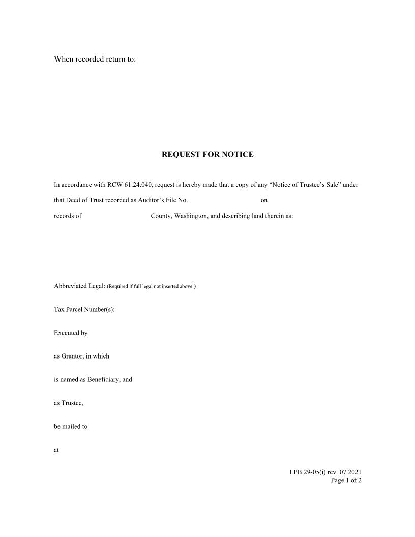 Request For Notice {LPB 29-05(i)} | Pdf Fpdf Docx | Washington