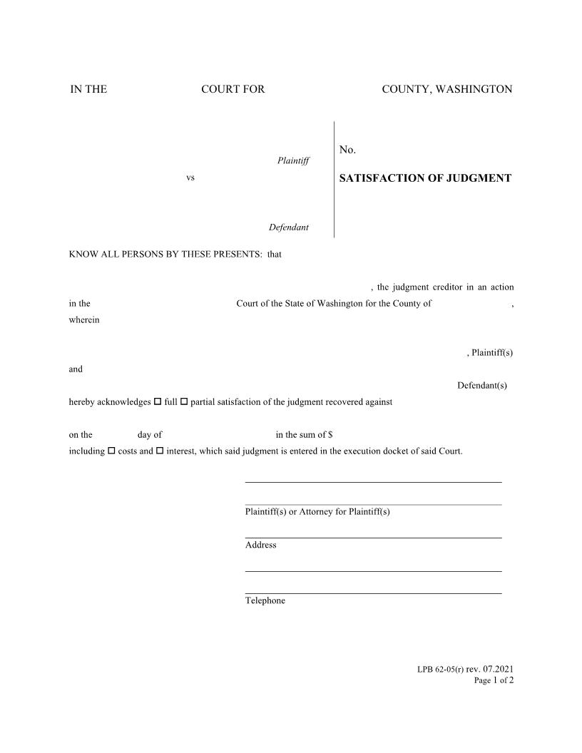 Satisfaction Of Judgment {LPB 62-05(r)} | Pdf Fpdf Docx | Washington