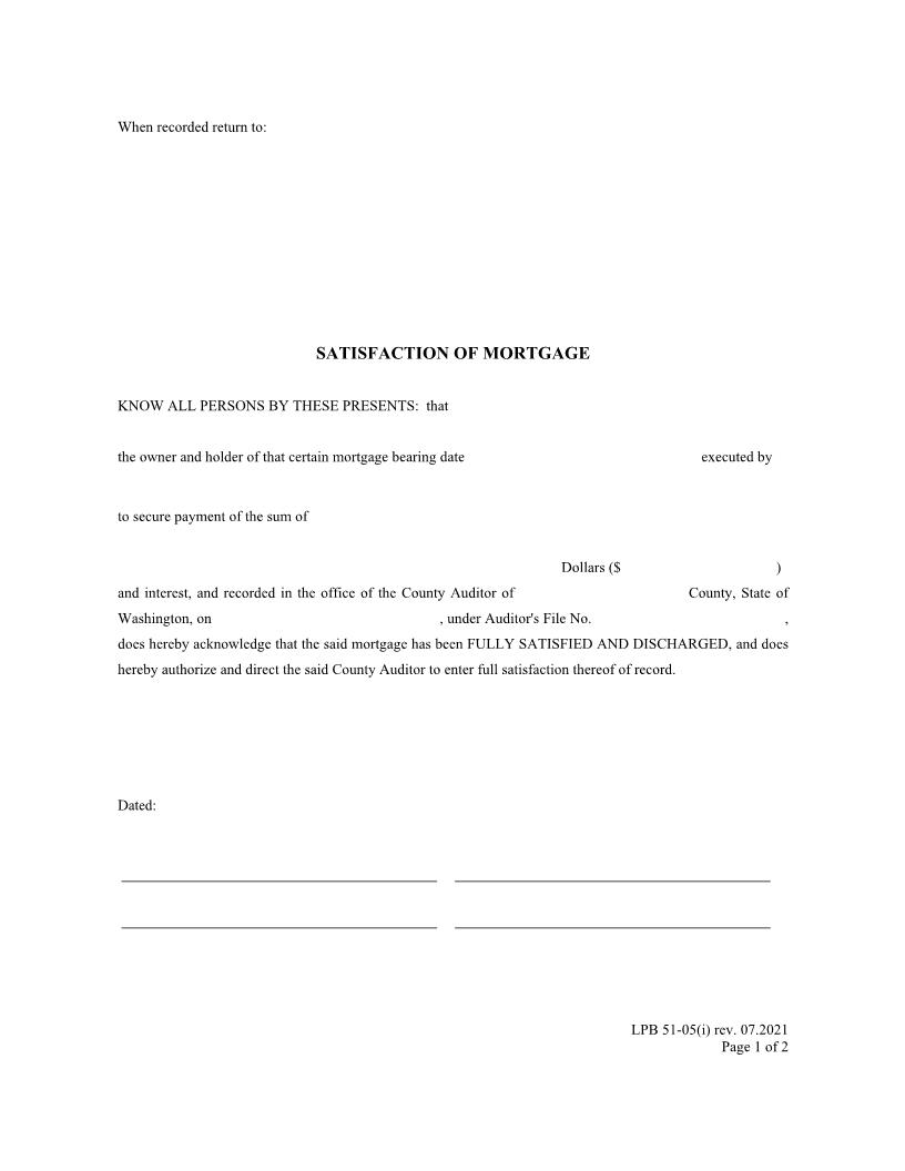 Satisfaction Of Mortgage {LPB 51-05(i)} | Pdf Fpdf Docx | Washington