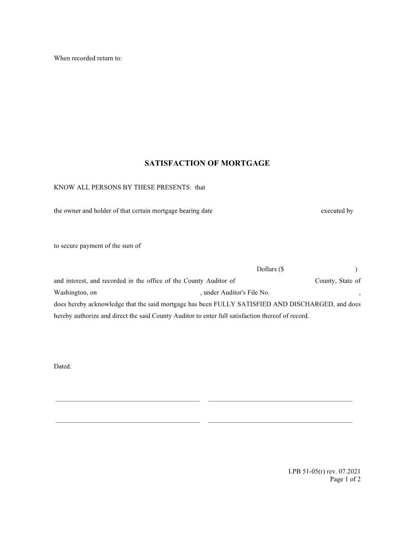 Satisfaction Of Mortgage {LPB 51-05(r)} | Pdf Fpdf Docx | Washington