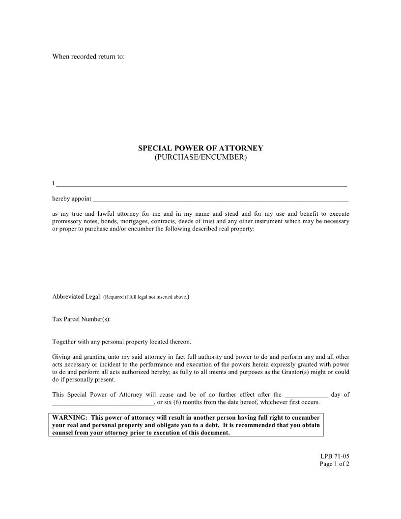 Special Power Of Attorney Purchase Encumber {LPB 71-05} | Pdf Fpdf Docx | Washington