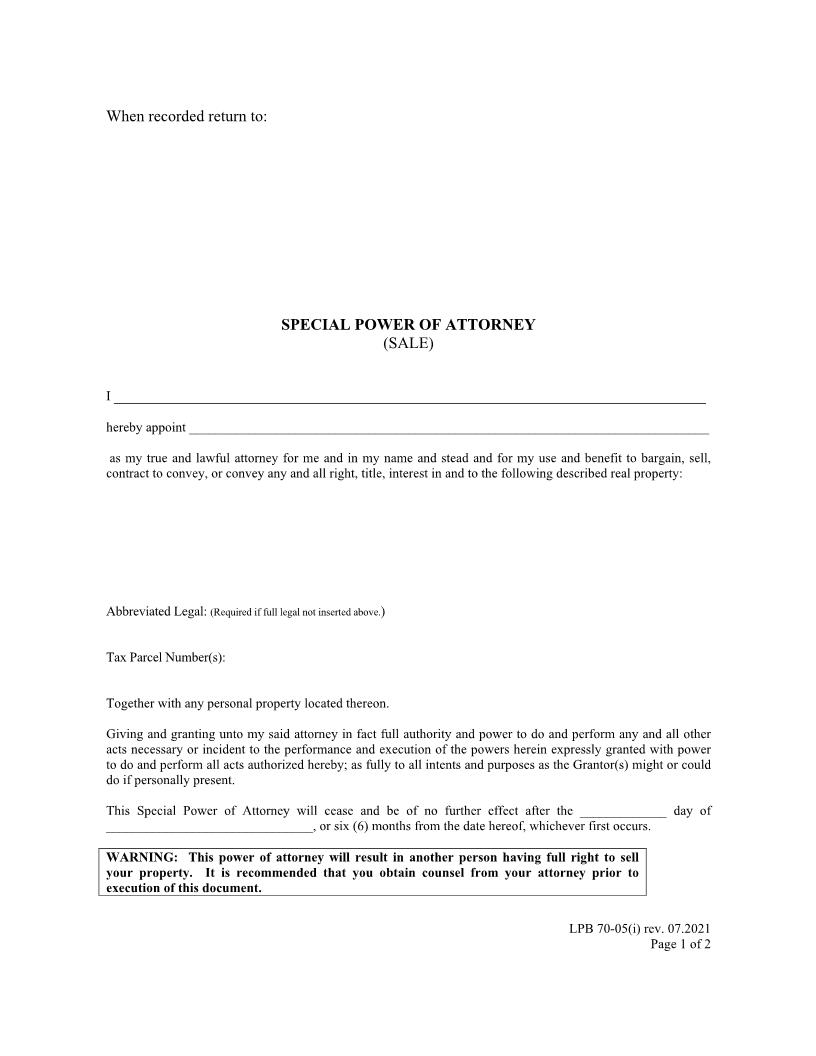 Special Power Of Attorney Sale {LPB 70-05} | Pdf Fpdf Docx | Washington