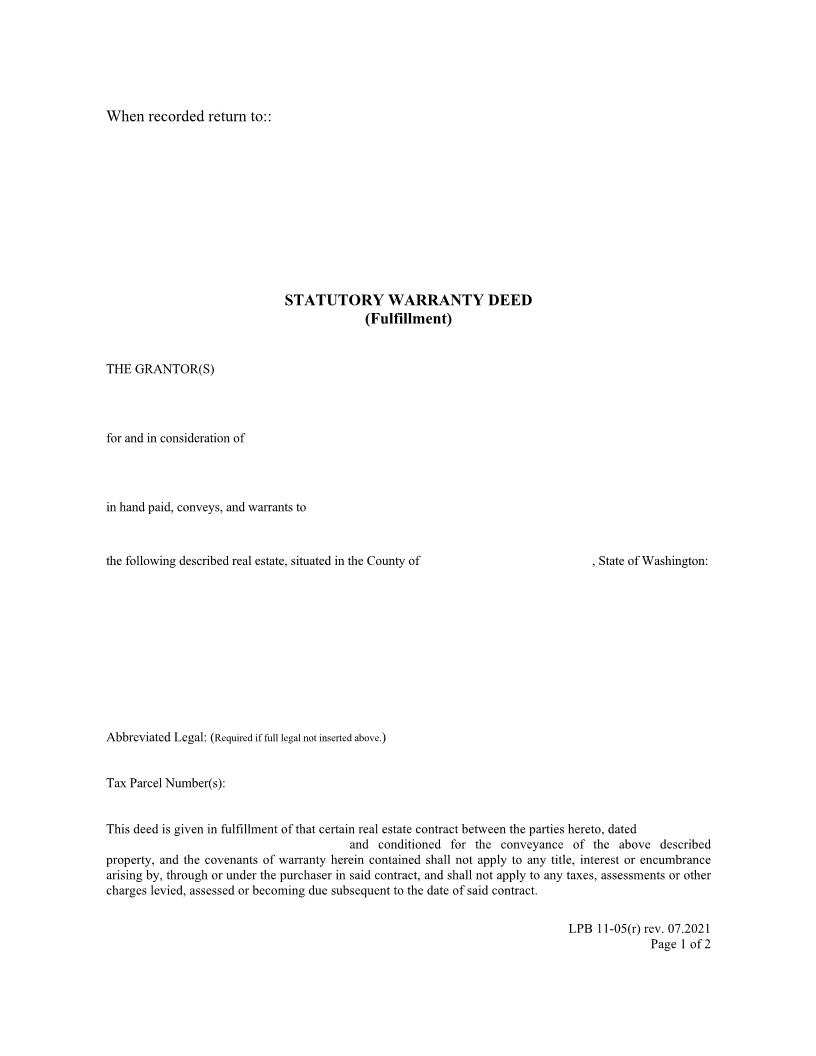Statutory Warranty Deed Fulfillment {LPB 11-05(r)} | Pdf Fpdf Docx | Washington