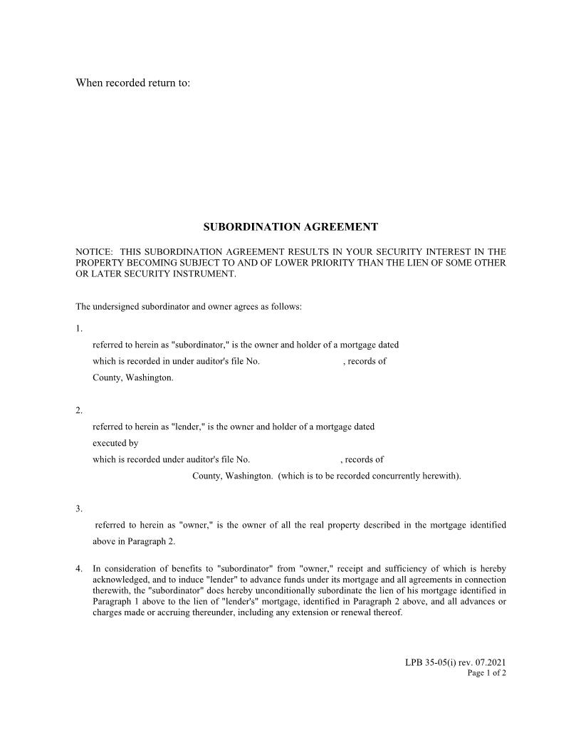 Subordination Agreement {LPB 35-05(i)} | Pdf Fpdf Docx | Washington