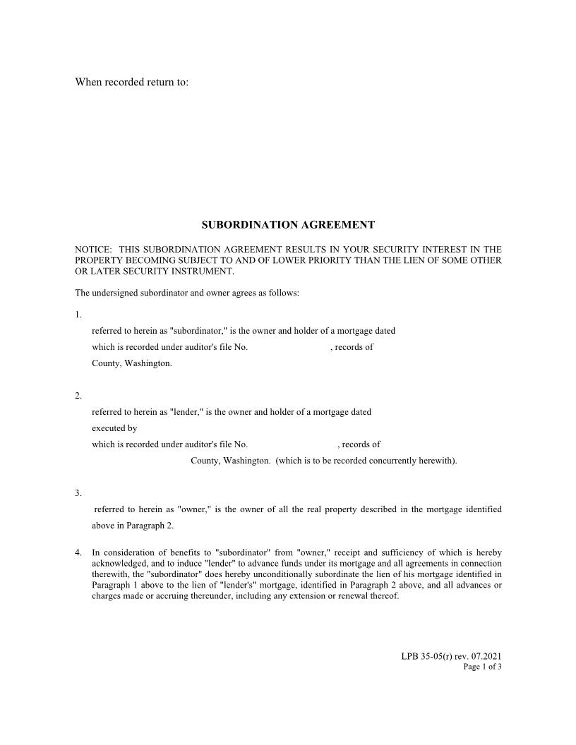 Subordination Agreement {LPB 35-05(r)} | Pdf Fpdf Docx | Washington