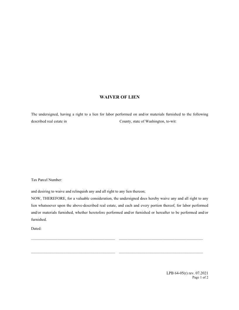 Waiver Of Lien {LPB 64-05(r)} | Pdf Fpdf Docx | Washington
