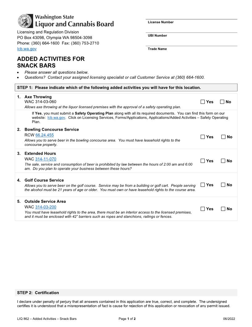 Added Activities For Snack Bars {LIQ 862} | Pdf Fpdf Doc Docx | Washington