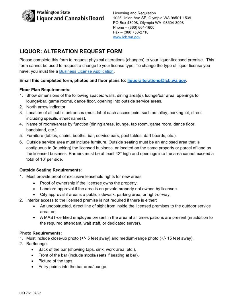 Alteration Request Form {LIQ 761} | Pdf Fpdf Doc Docx | Washington