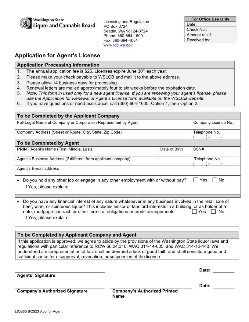 Application For Agents License  {LIQ 365} | Pdf Fpdf Doc Docx | Washington