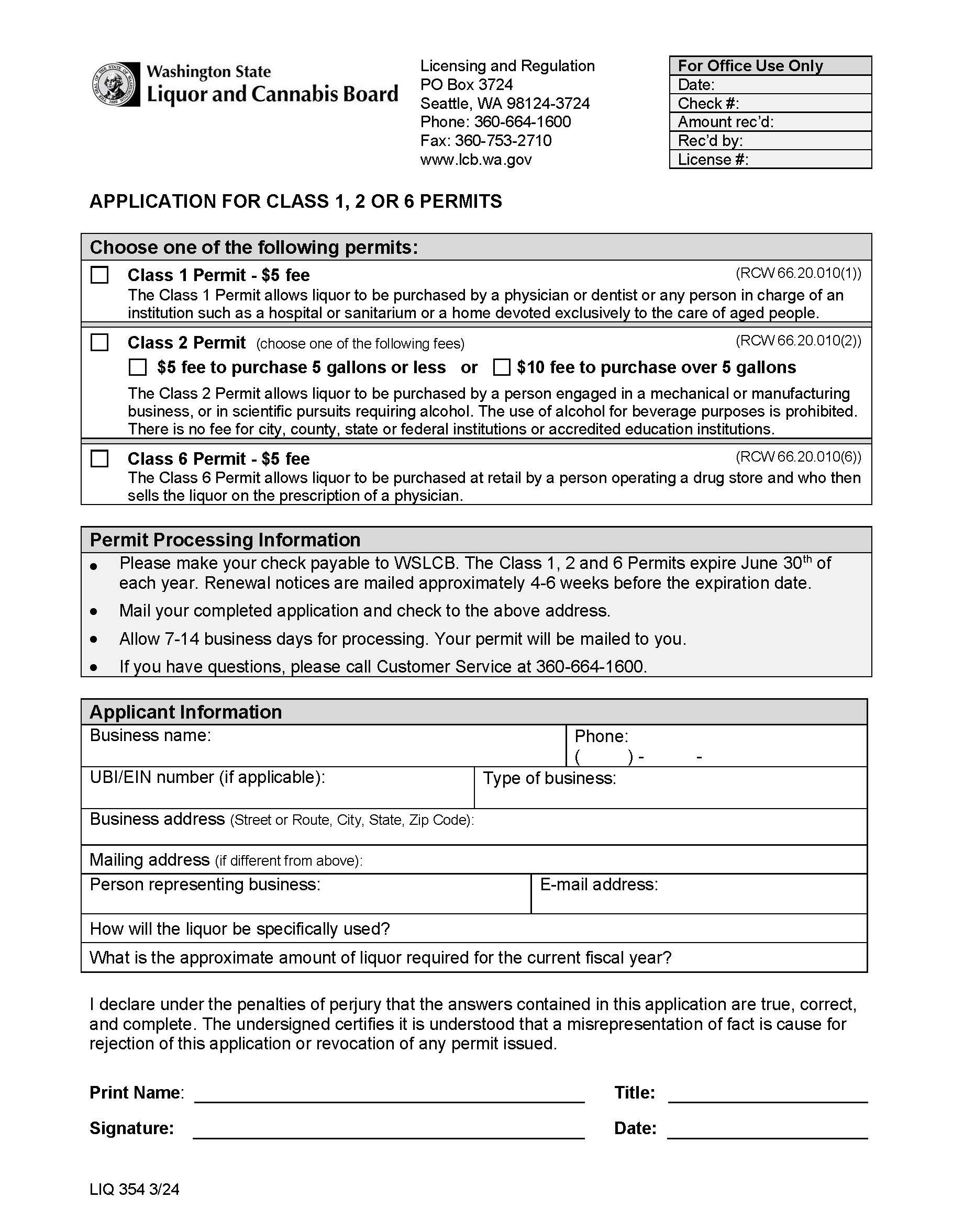 Application For Class 1 2 Or 6 Permit {LIQ 354} | Pdf Fpdf Doc Docx | Washington