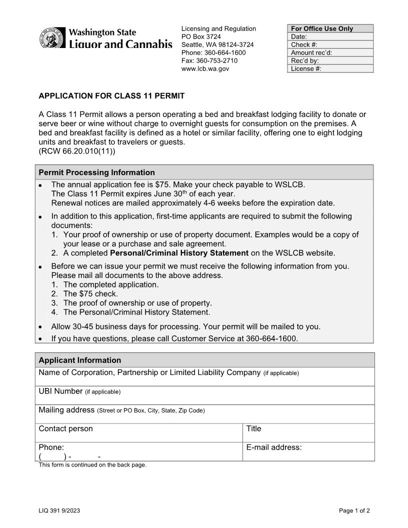 Application For Class 11 Permit  {LIC 391} | Pdf Fpdf Doc Docx | Washington