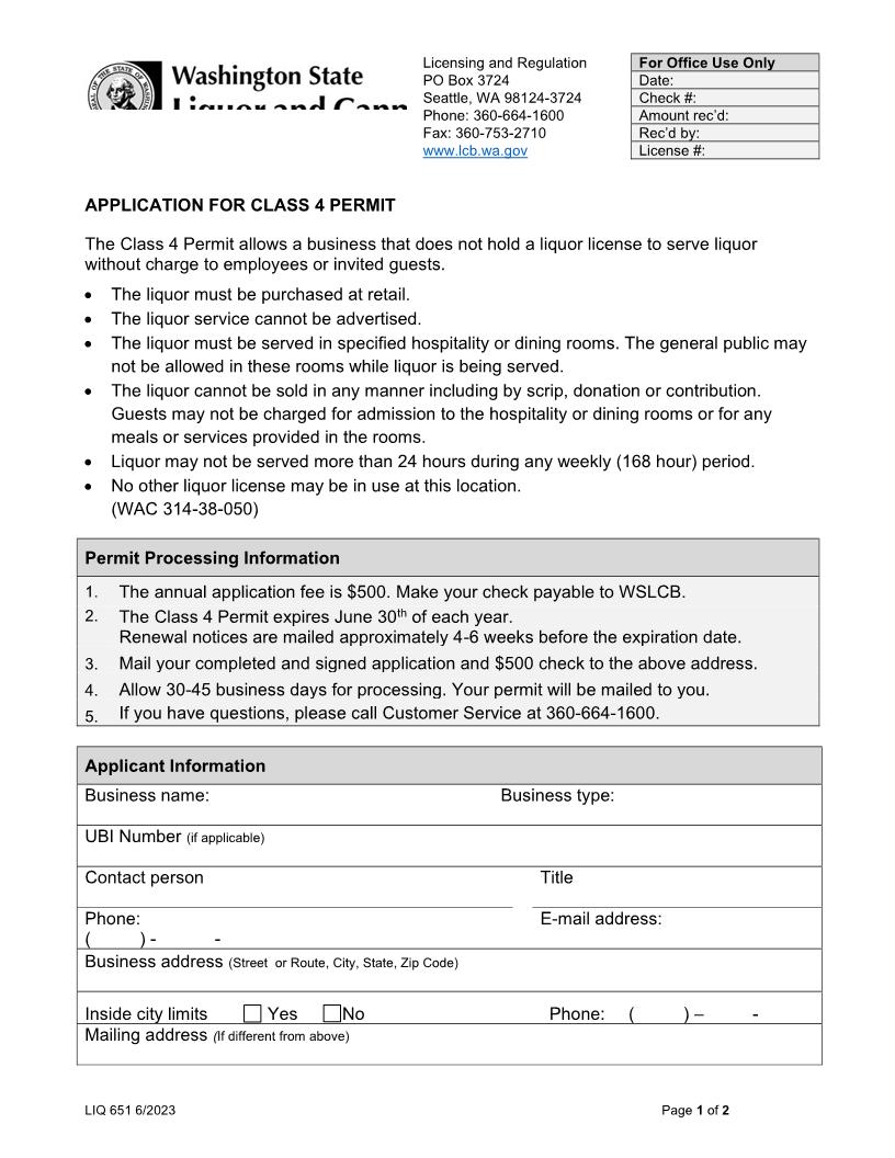 Application For Class 4 Permit {LIQ 651} | Pdf Fpdf Doc Docx | Washington