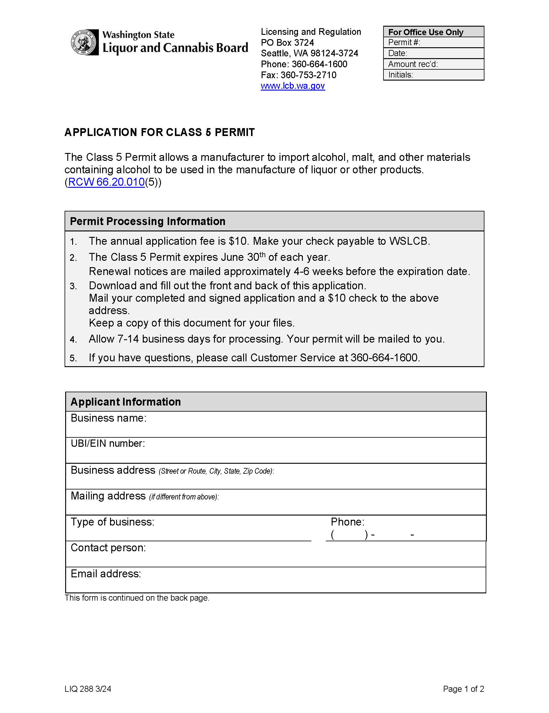 Application For Class 5 Permt {LIQ 288} | Pdf Fpdf Doc Docx | Washington