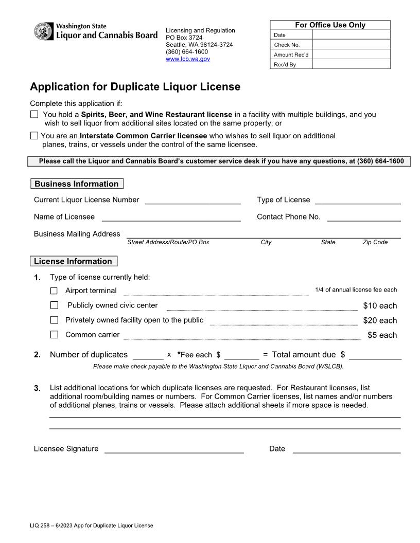 Application For Duplicate Liquor License {LIQ 258} | Pdf Fpdf Doc Docx | Washington