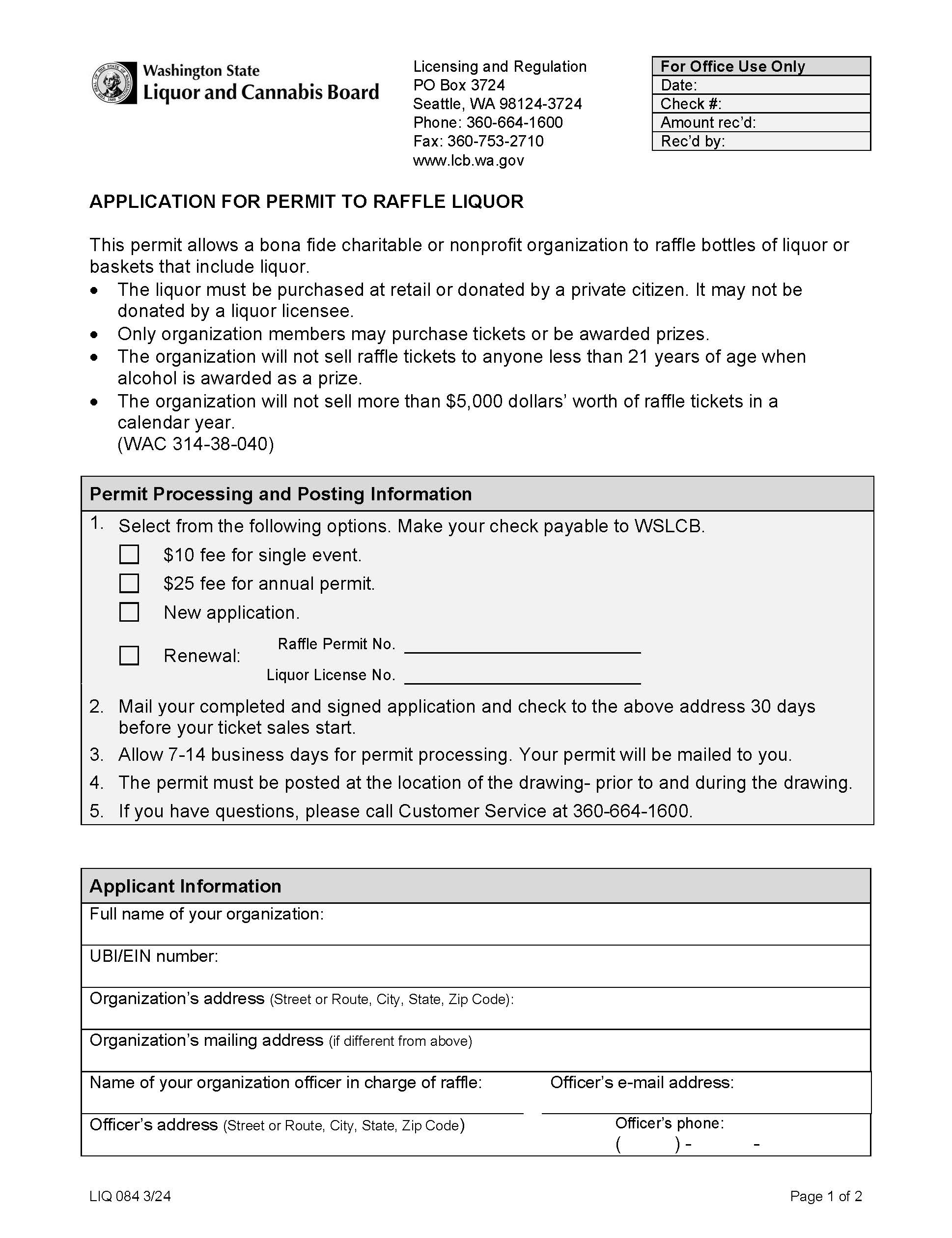 Application For Permit To Raffle Liquor {LIQ 84} | Pdf Fpdf Doc Docx | Washington