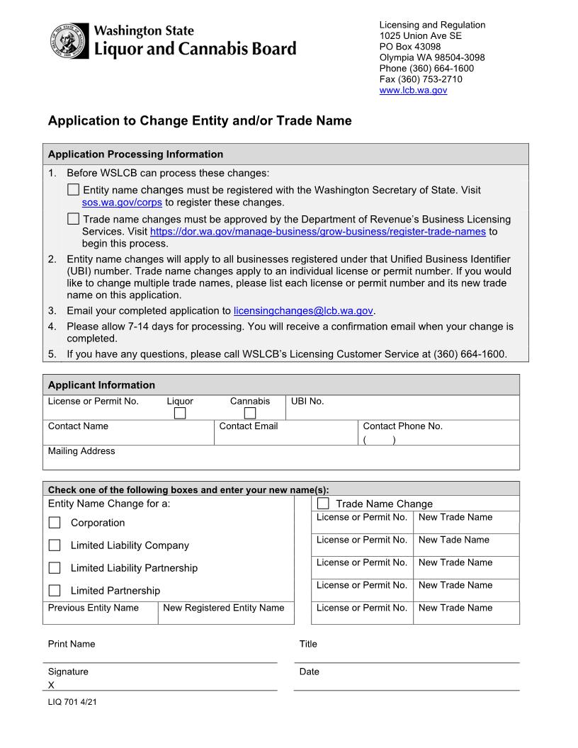 Application To Change Name {LIQ 701} | Pdf Fpdf Doc Docx | Washington