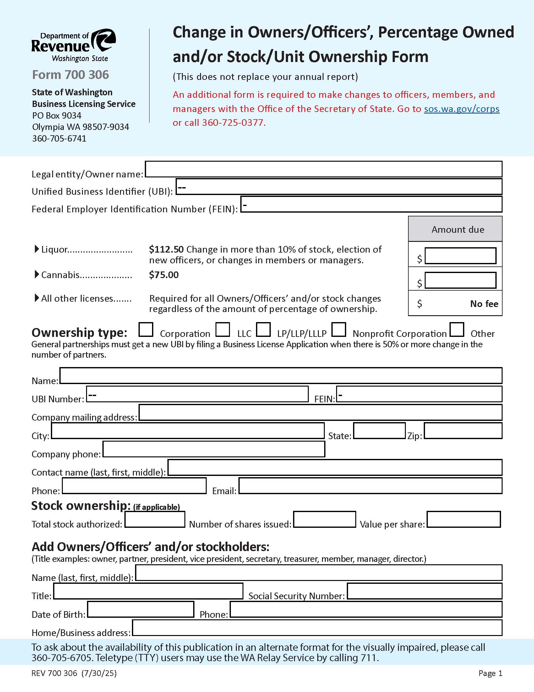 Change In Governing People And Or Stock Ownership {BLS-700-306} | Pdf Fpdf Doc Docx | Washington