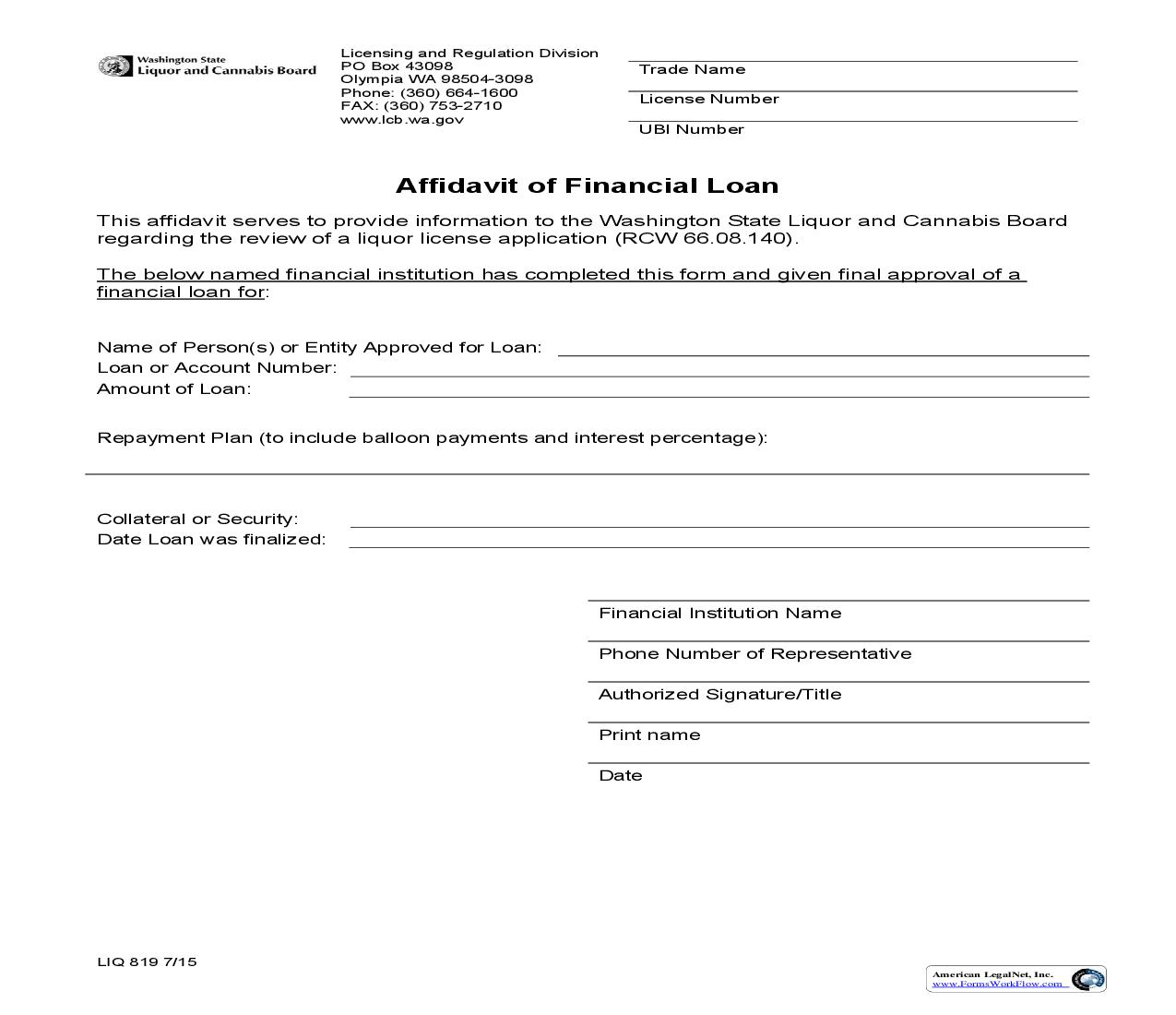 Affidavit Of Financial Loan {LIQ 819-50} | Pdf Fpdf Doc Docx | Washington