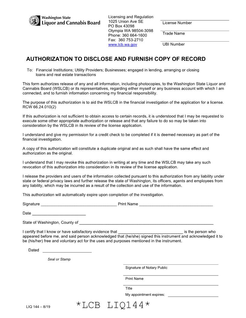 Authorization To Disclose And Furnish Copy Of Record {LIQ 144-50} | Pdf Fpdf Doc Docx | Washington