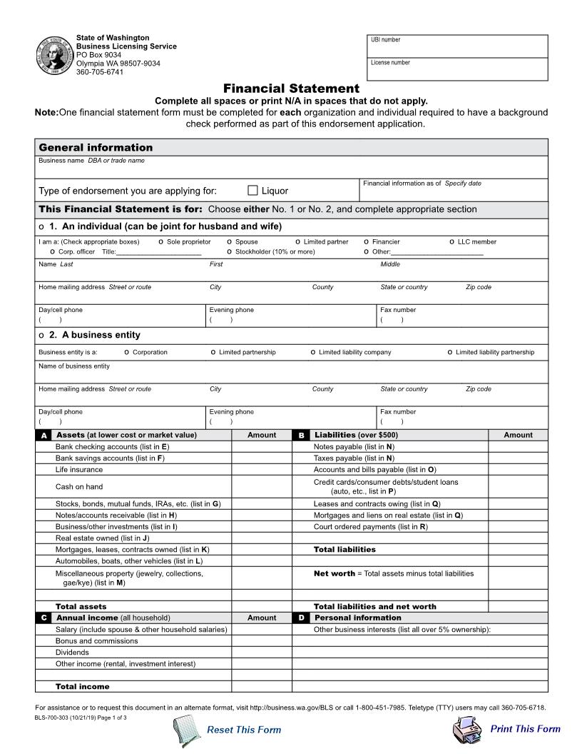 Financial Statement {BLS-700-303} | Pdf Fpdf Doc Docx | Washington