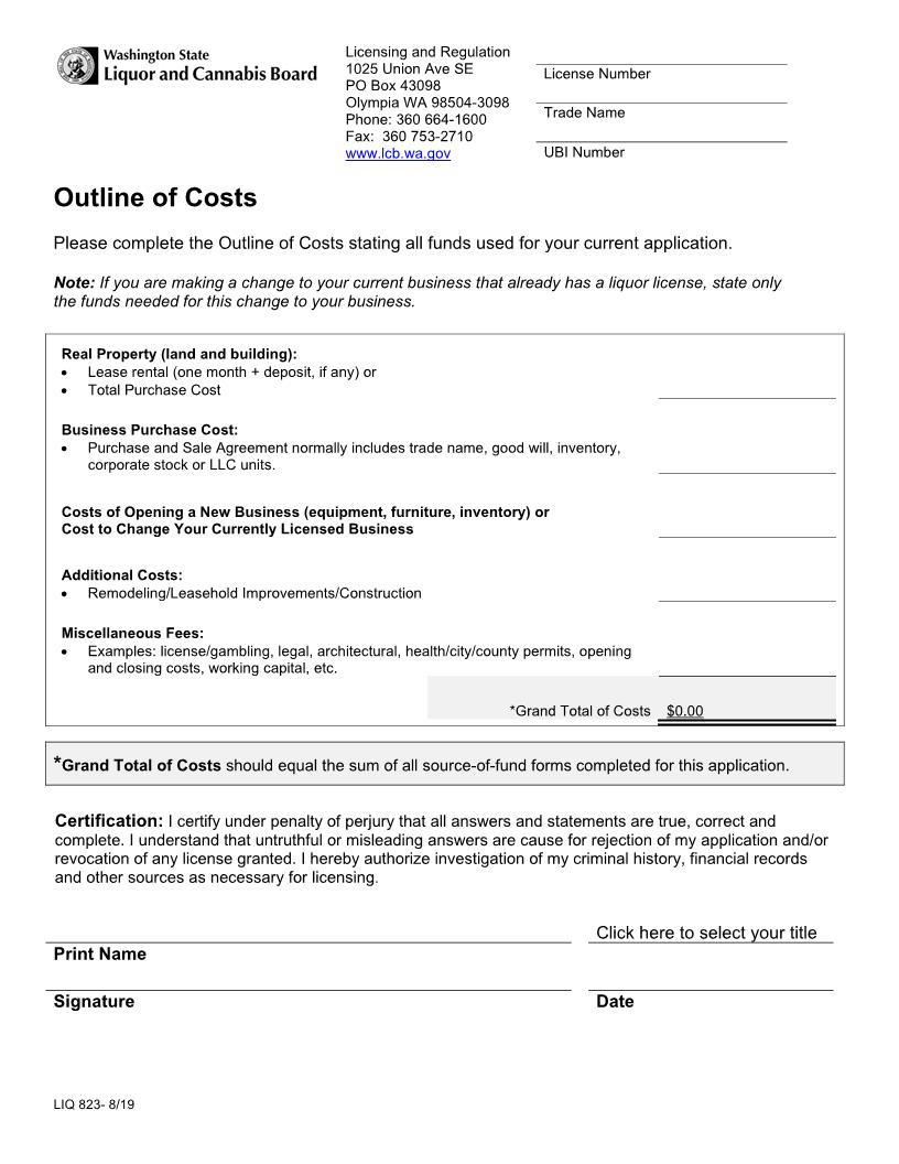 Outline Of Costs {LIQ 823} | Pdf Fpdf Doc Docx | Washington