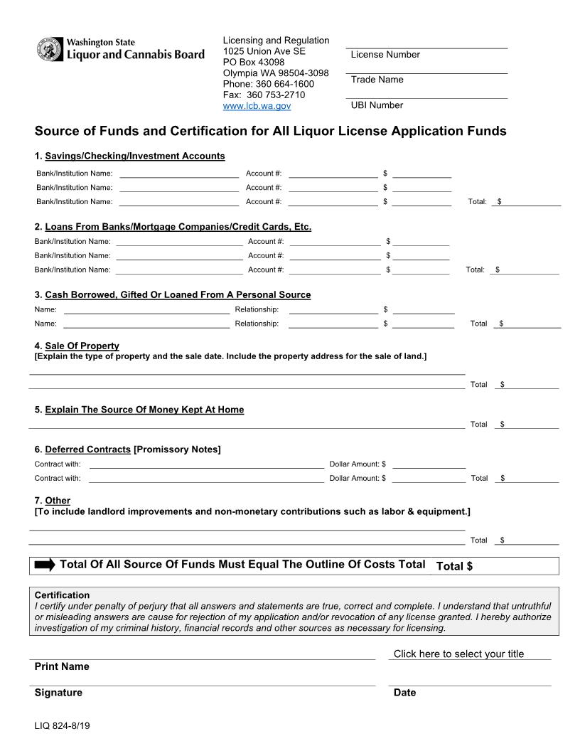 Source Of Funds And Certification {LIQ 824-50} | Pdf Fpdf Doc Docx | Washington
