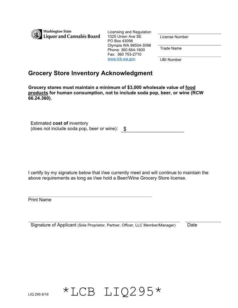 Grocery Store  Inventory Acknowledgment {LIQ 295} | Pdf Fpdf Doc Docx | Washington
