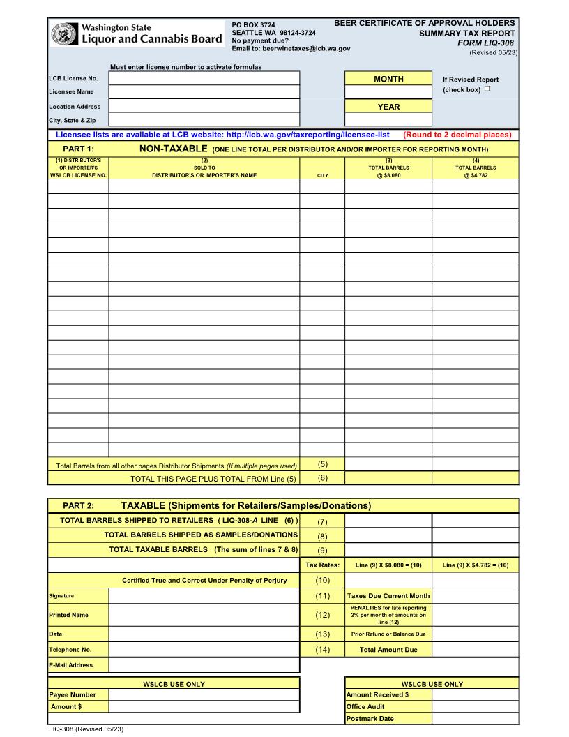 Beer Certificate Of Approval Holders Summary Tax Report {LIQ-308} | Pdf Fpdf Doc Docx | Washington