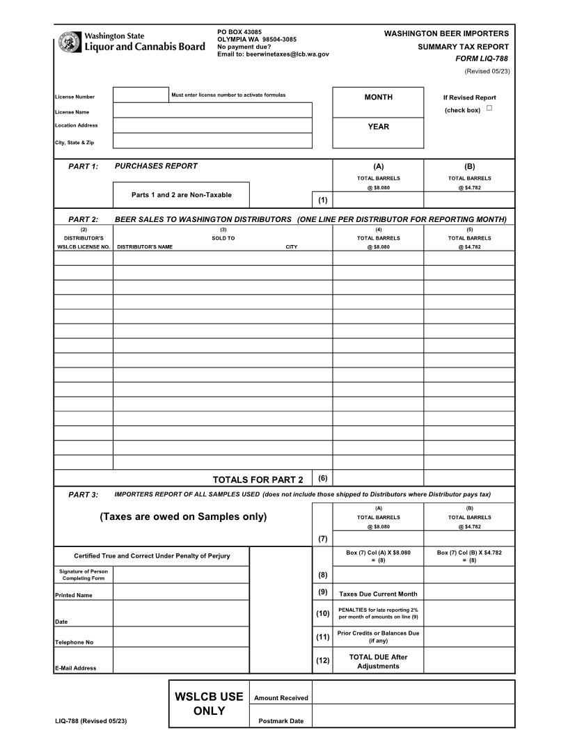 Beer Importers Summary Tax Report {LIQ-788} | Pdf Fpdf Doc Docx | Washington