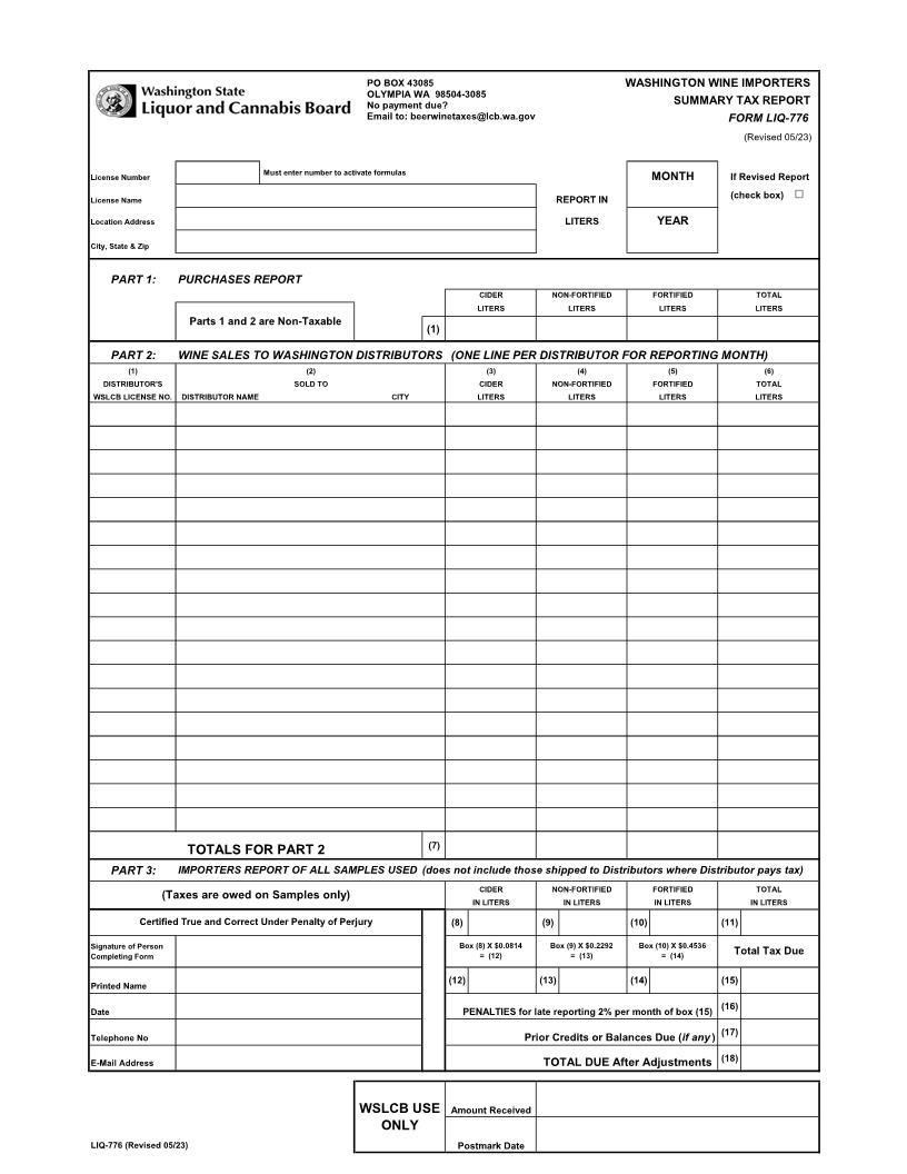 Wine Importers Summary Tax Report {LIQ-776} | Pdf Fpdf Docx | Washington