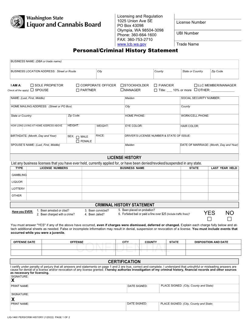 Personal Criminal History Statement {BLS-700-301} | Pdf Fpdf Doc Docx | Washington