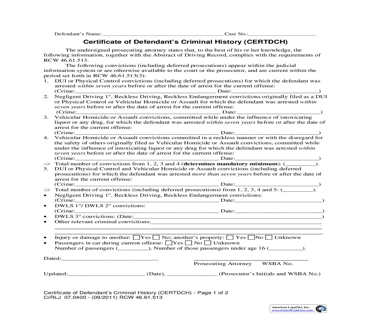 Certificate Of Defendants Criminal History {CrRLJ 07.0400} | Pdf Fpdf Doc Docx | Washington