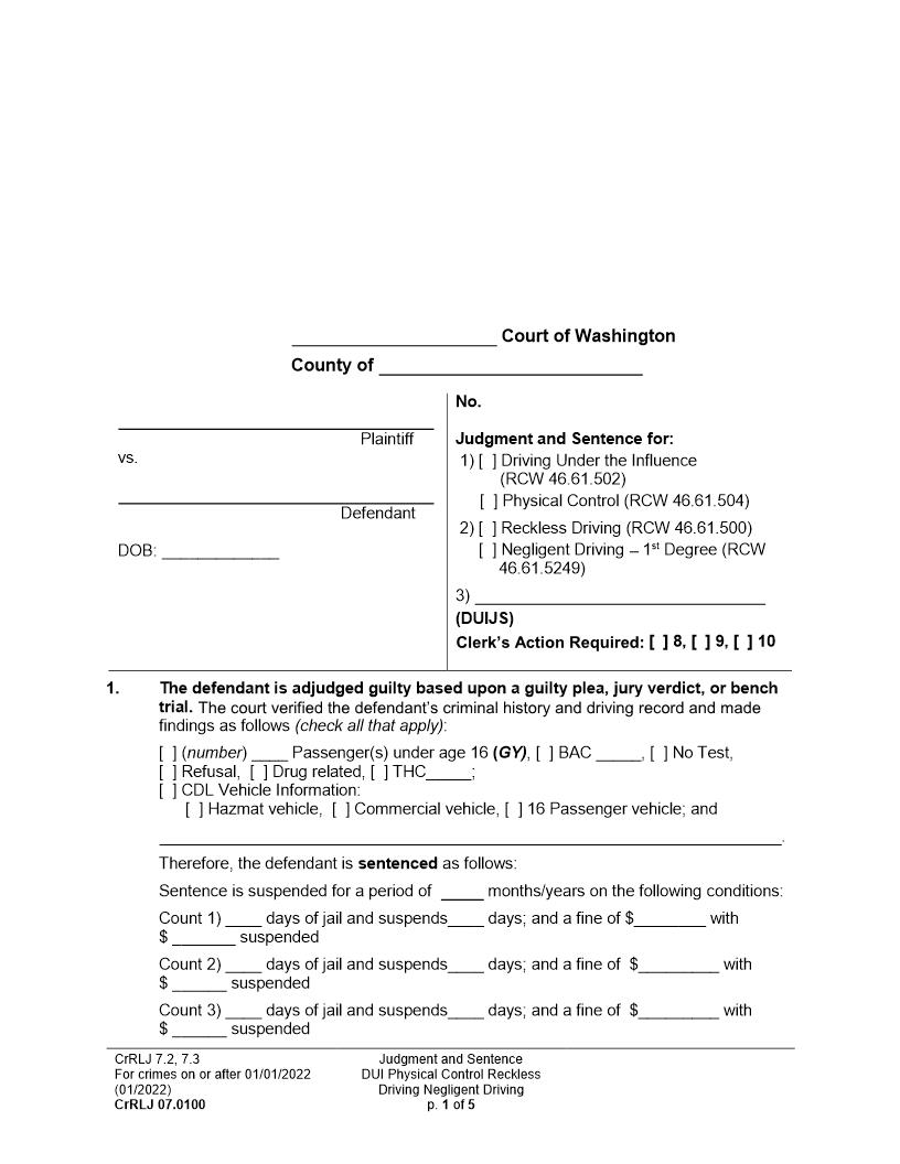 Judgment And Sentence DUI Physical Control {CrRLJ 07.0100} | Pdf Fpdf Docx | Washington