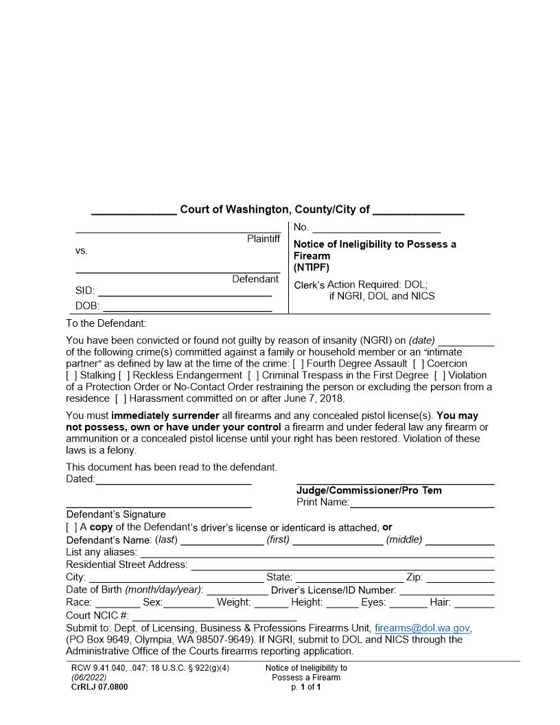 Notice Of Ineligibility To Possess Firearm {CrRLJ 07.0800} | Pdf Fpdf Docx | Washington