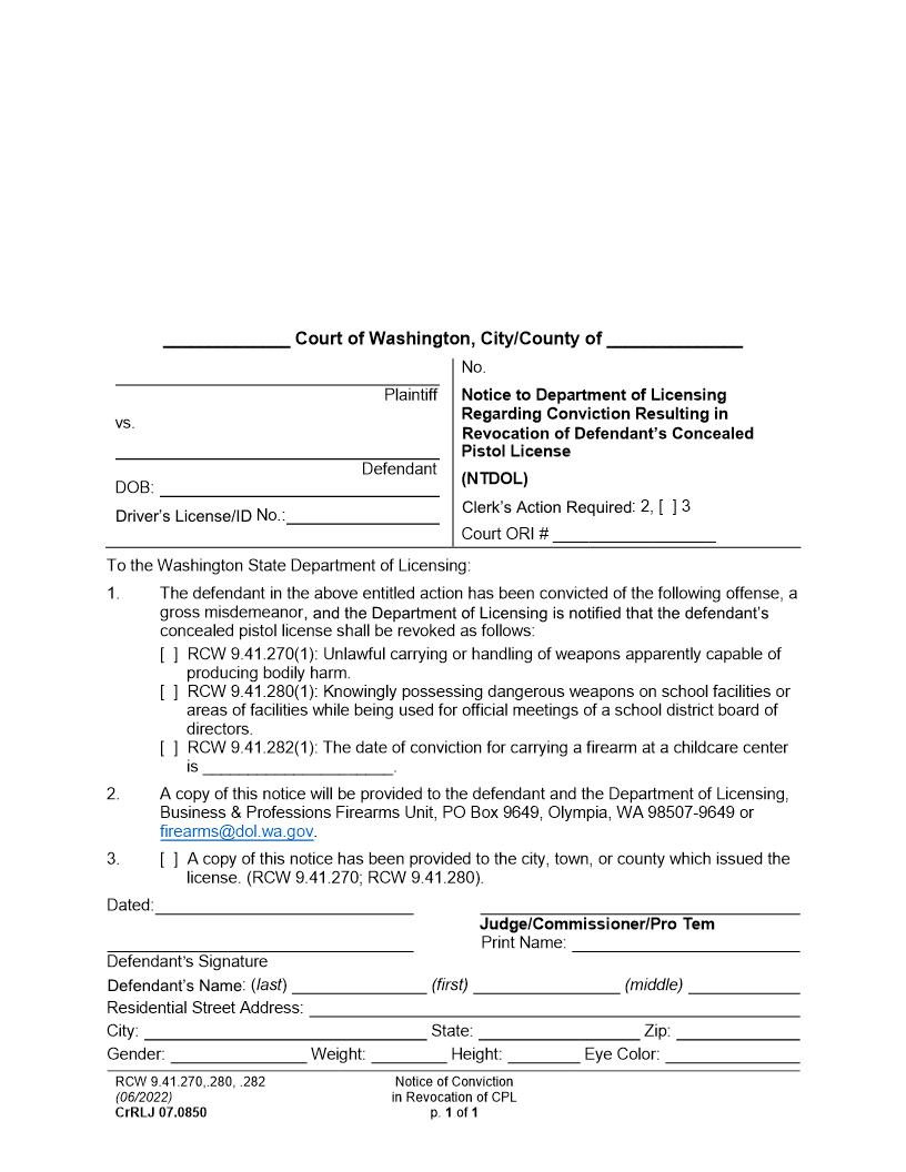 Notice To Department Of Licensing Regarding Conviction {CrRLJ 07.0850} | Pdf Fpdf Docx | Washington