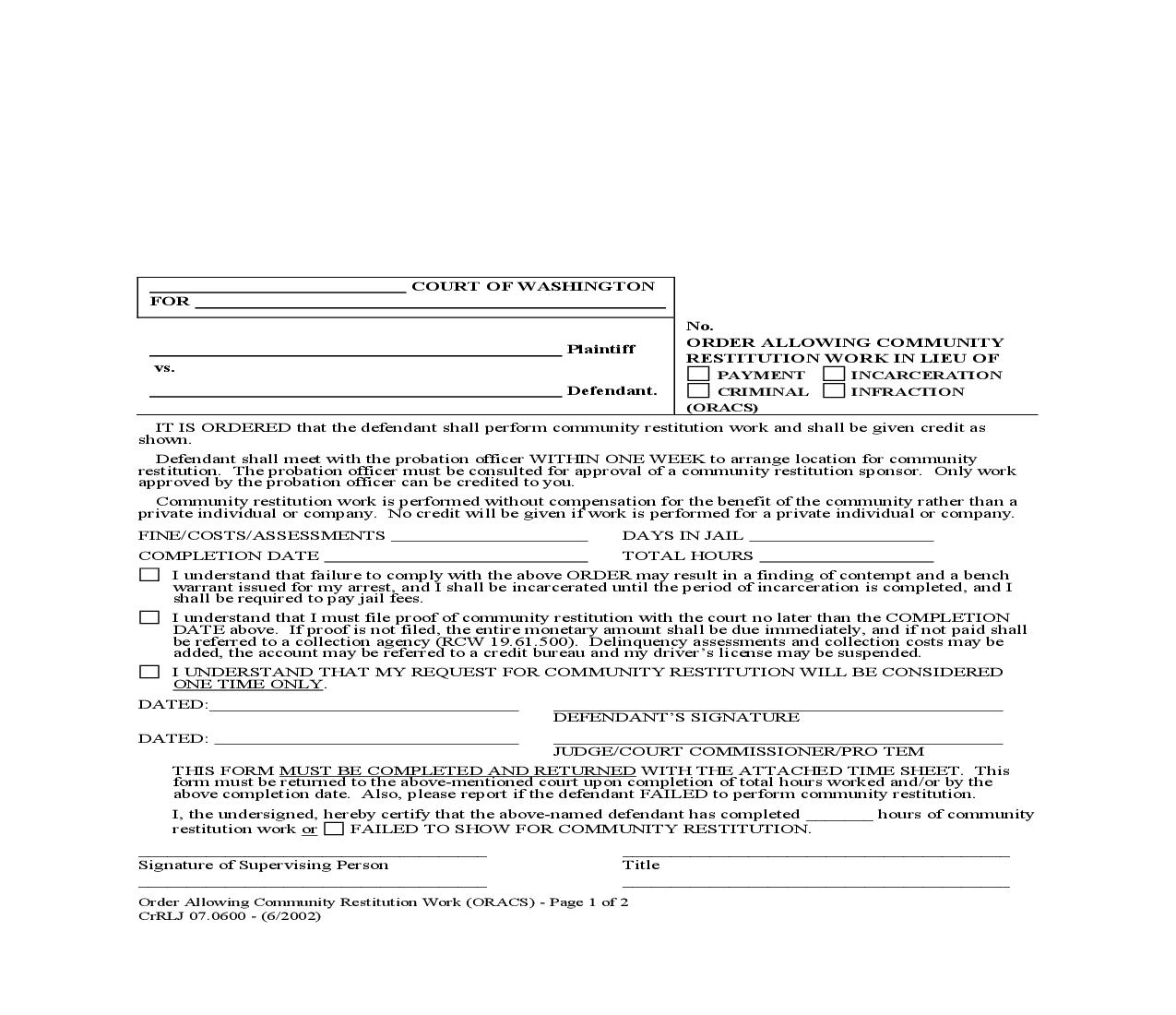 Order Allowing Community Restitution Work In Lieu Of Payment Incarceration Criminal Or Infraction {CrRLJ 07.0600} | Pdf Fpdf Doc Docx | Washington