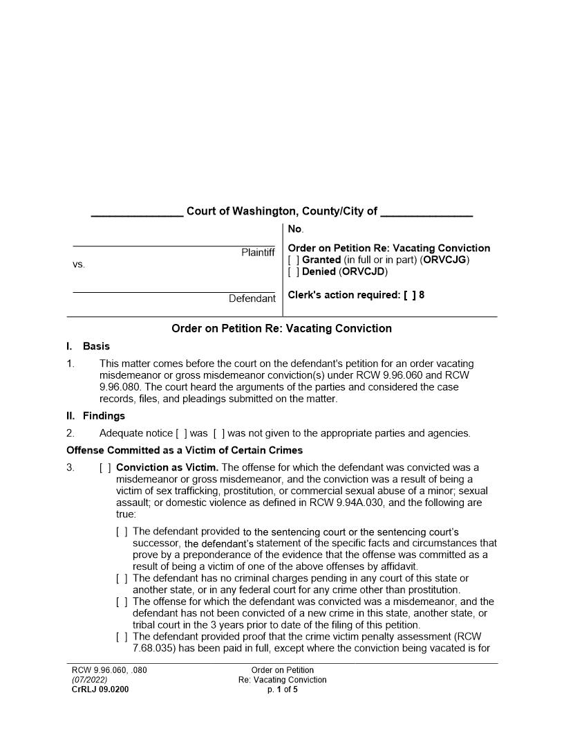 Order On Motion Re Vacating Conviction {CrRLJ 09.0200} | Pdf Fpdf Docx | Washington