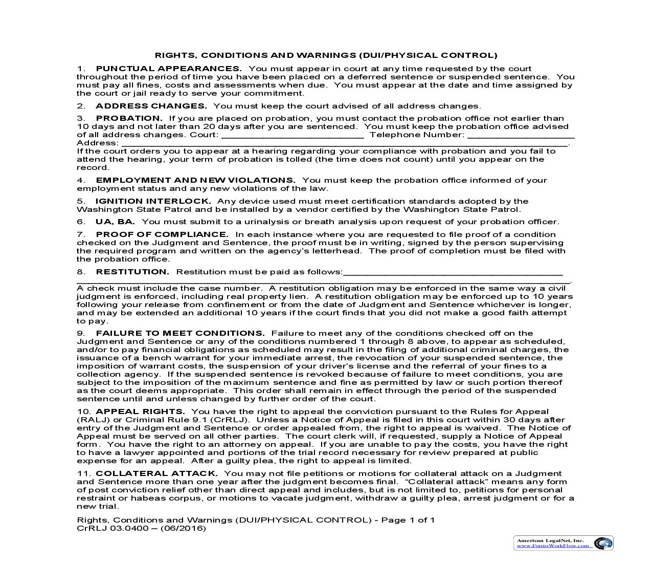 Rights Conditions And Warnings (DUI-Physical Control) {CrRLJ 03.0400} | Pdf Fpdf Doc Docx | Washington