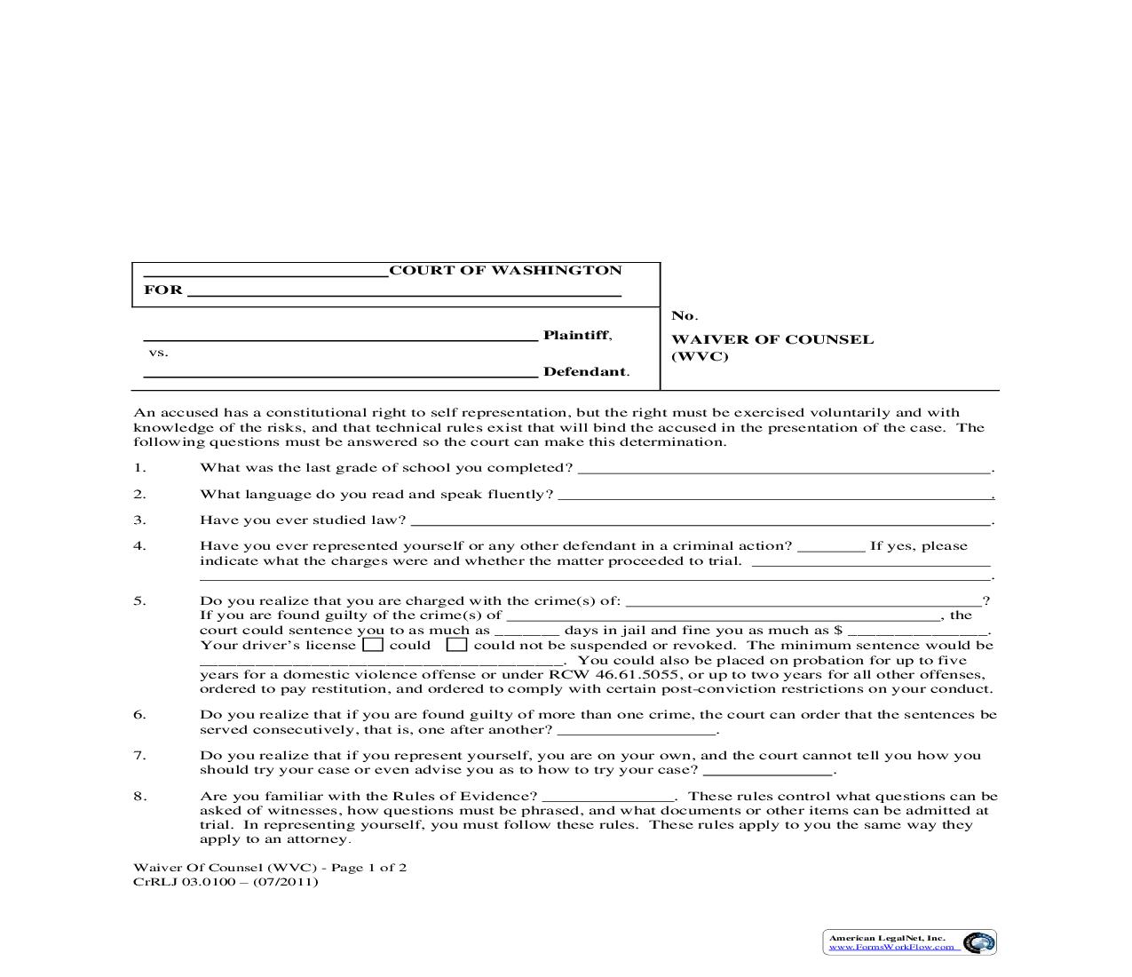 Waiver Of Counsel {CrRLJ 03.0100} | Pdf Fpdf Doc Docx | Washington
