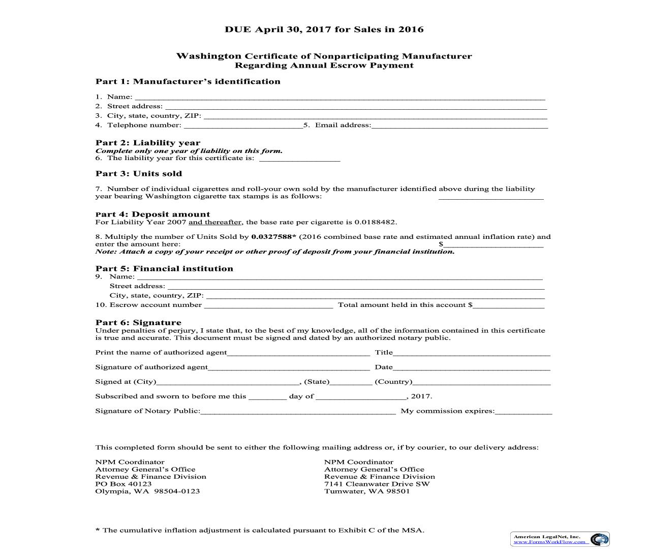 Certificate of Nonparticipating Manufacturer Regarding Annual Escrow Payment |  | Washington