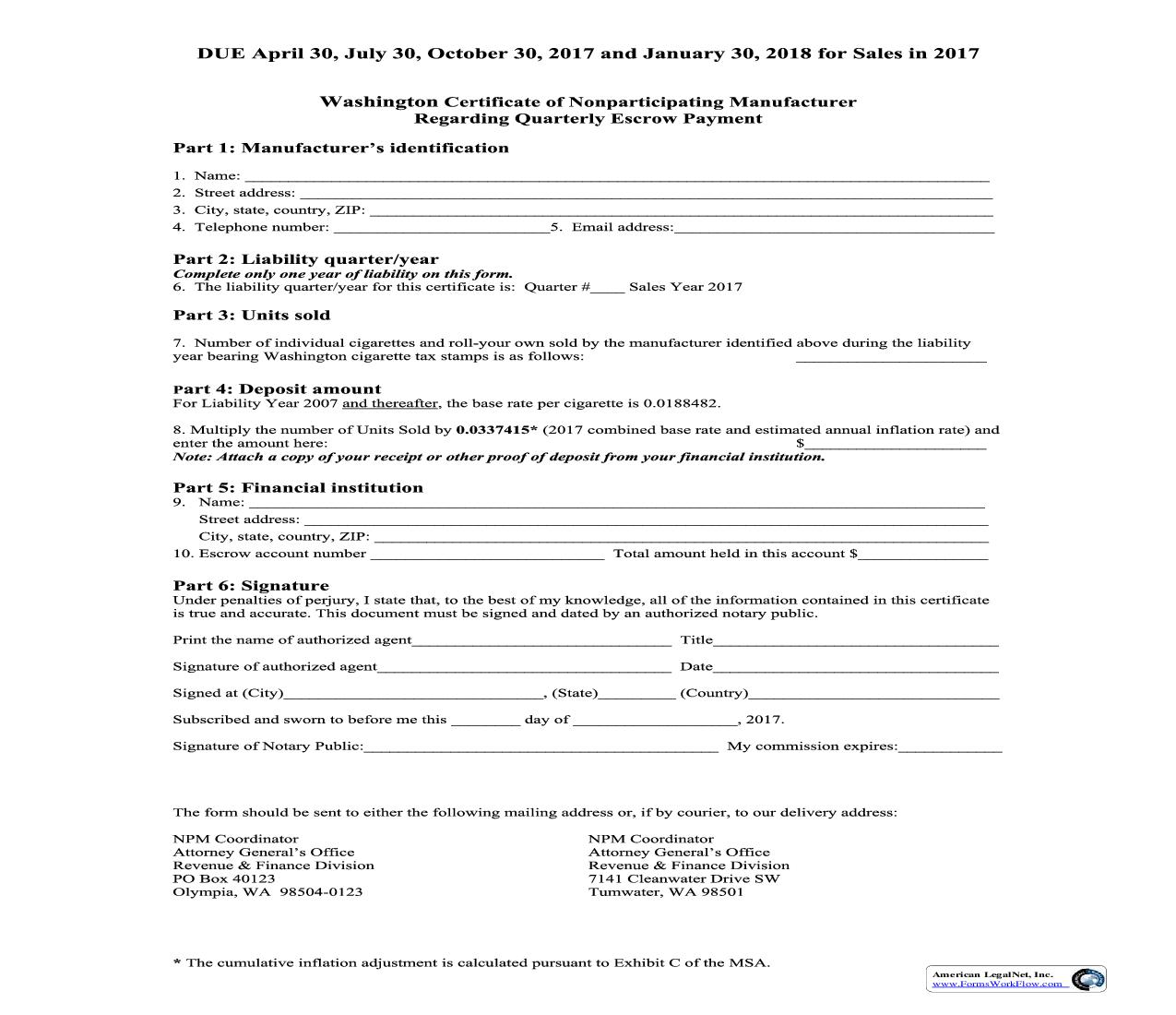 Certificate of Nonparticipating Manufacturer Regarding Quarterly Escrow Payment |  | Washington