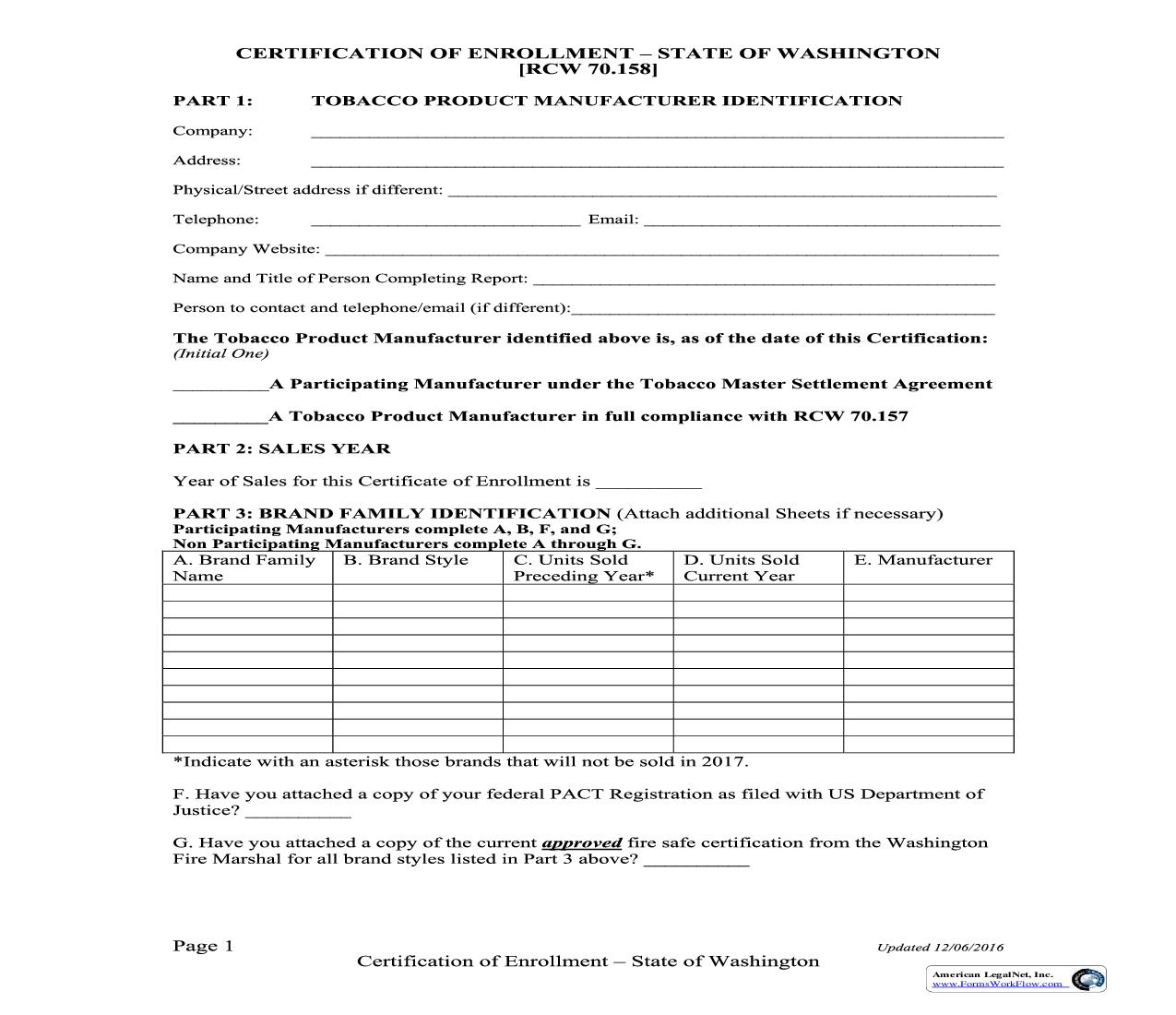 Certification of Enrollment |  | Washington