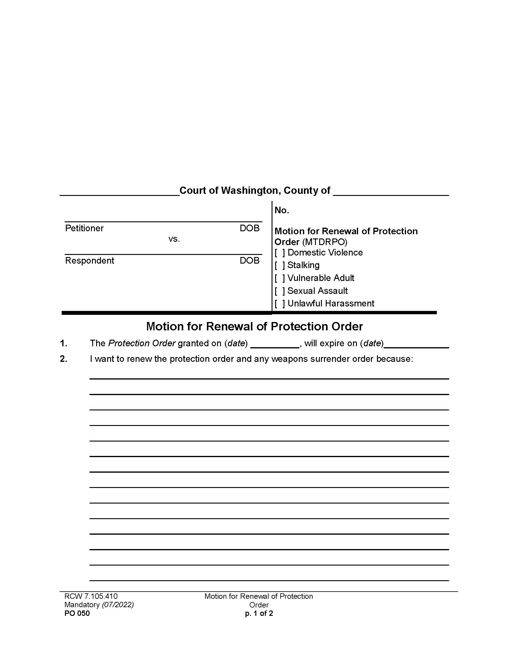 Motion For Renewal Of Protection Order {PO 050} | Pdf Fpdf Docx | Washington