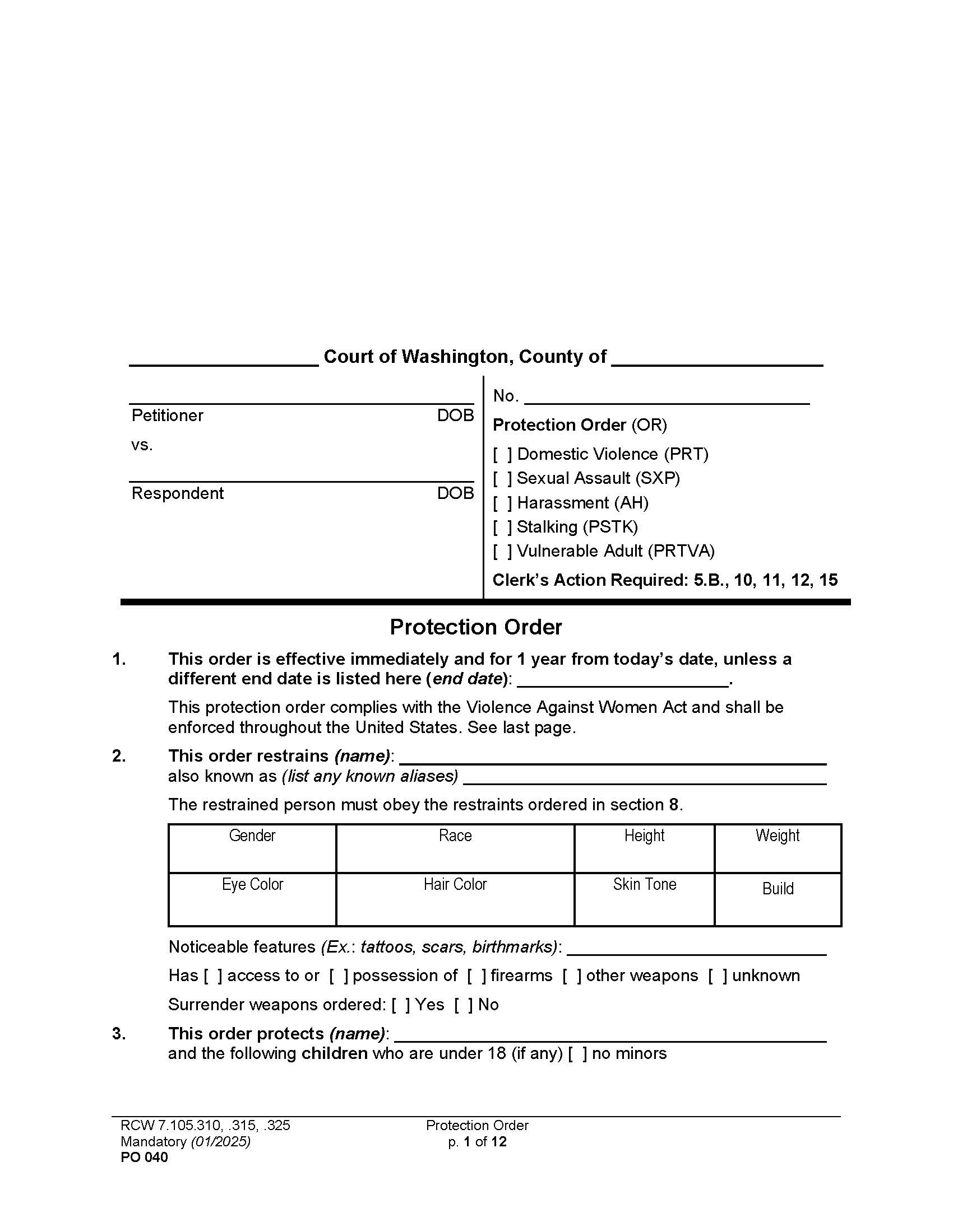 Protection Order {PO 040} | Pdf Fpdf Docx | Washington