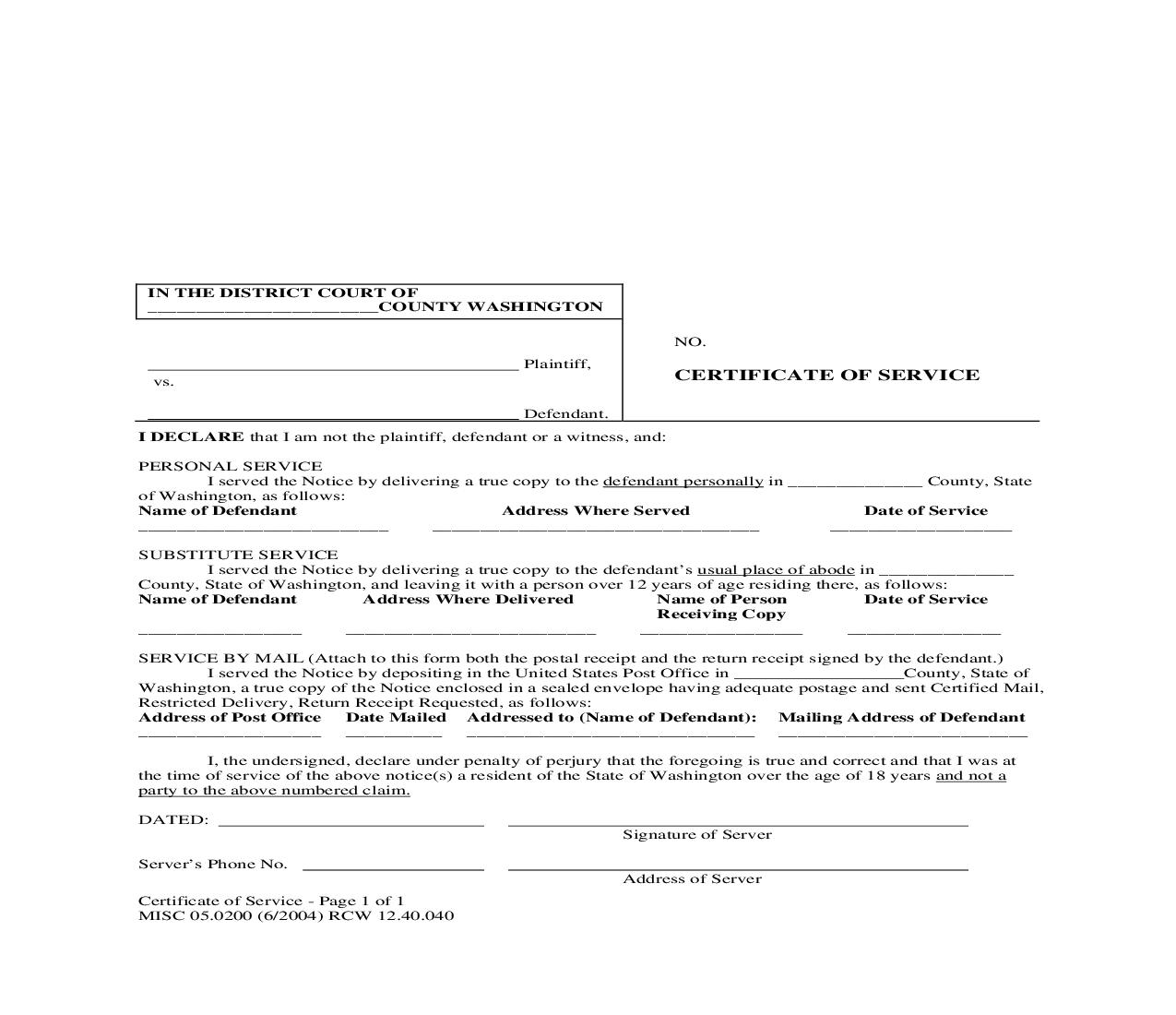 Certificate Of Service {MISC 05.0200} | Pdf Fpdf Doc Docx | Washington