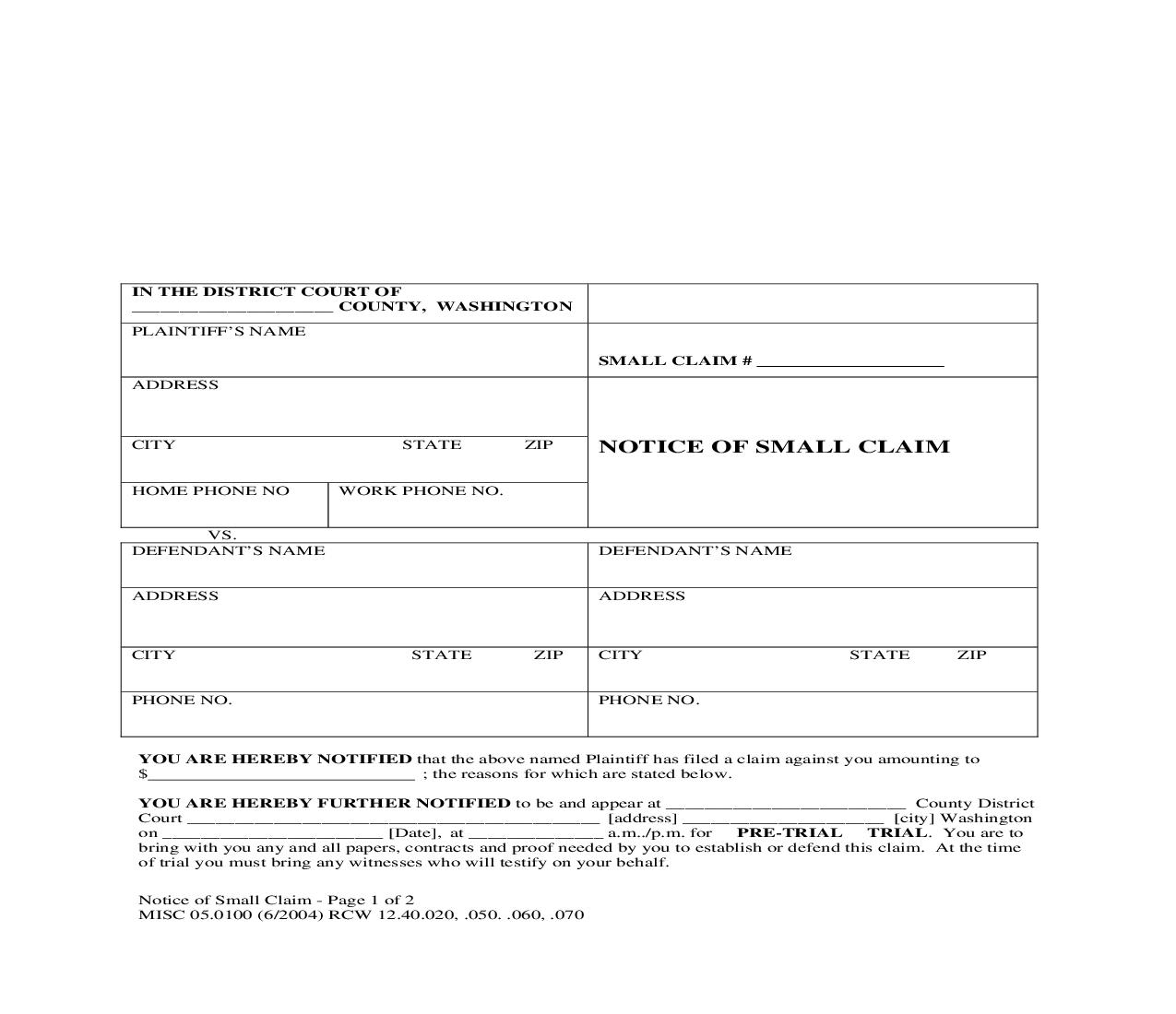 Notice Of Small Claim {MISC 05.0100} | Pdf Fpdf Doc Docx | Washington