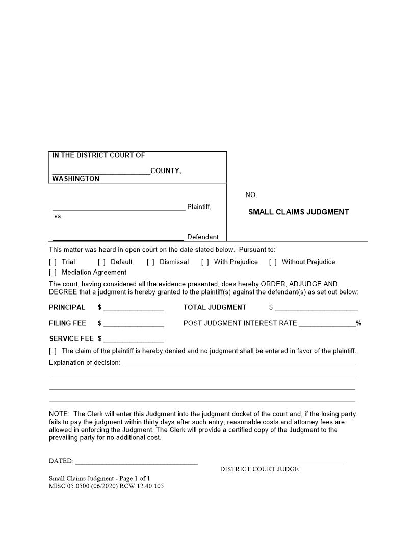 Small Claims Judgment {MISC 05.0500} | Pdf Fpdf Doc Docx | Washington